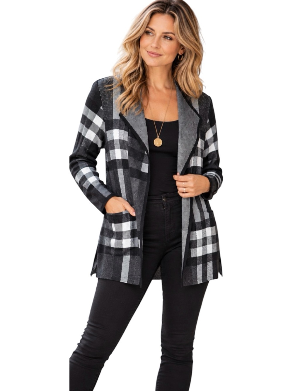 Anne Klein Heritage Plaid Open Front Cardigan Sweater Size Large Black White New
